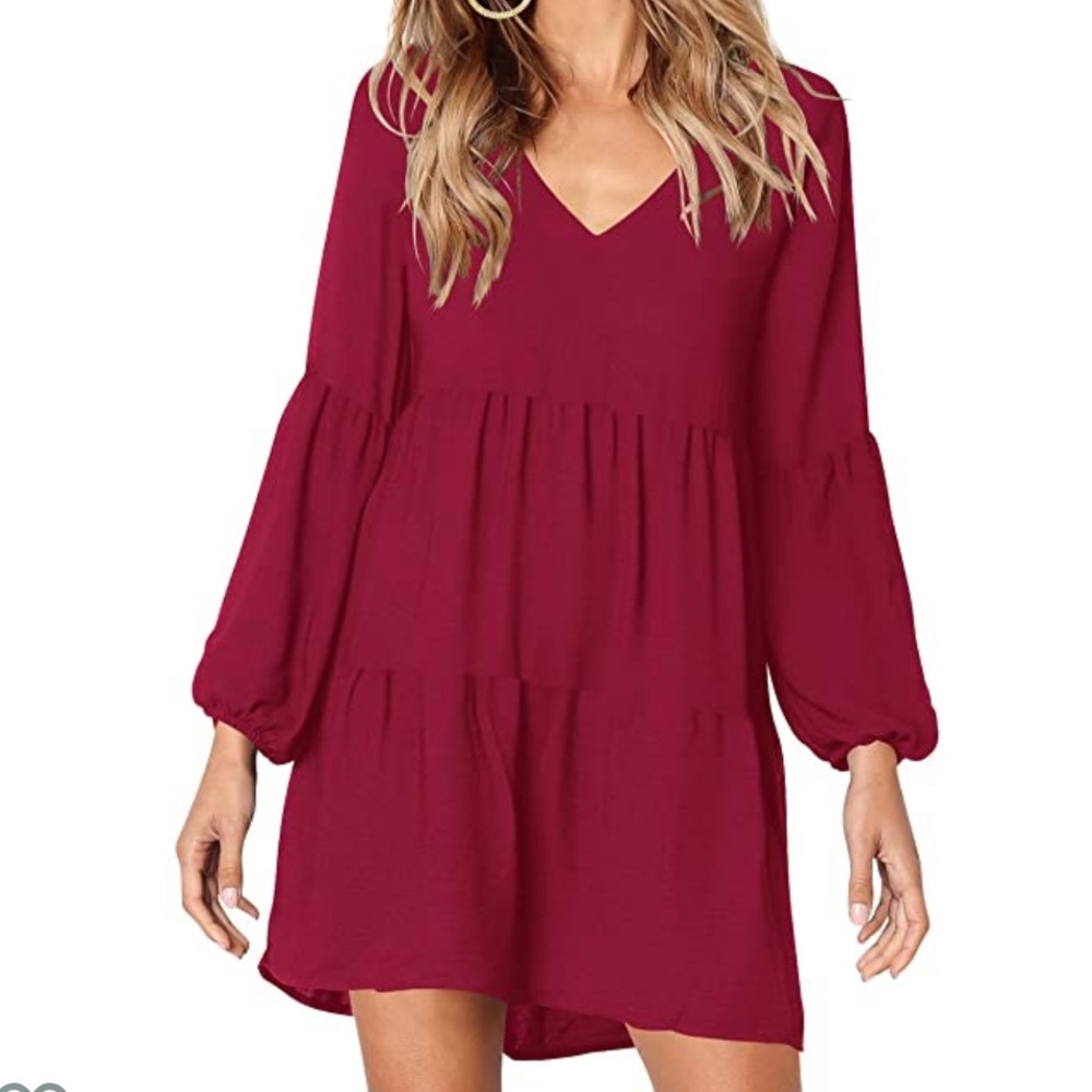 Burgundy Long Sleeve Loose Tunic Dress